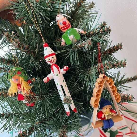 Vintage Wooden & Felt Christmas Ornaments Set of 4 Clowns, Girl, Swing Boy - Picture 5 of 7